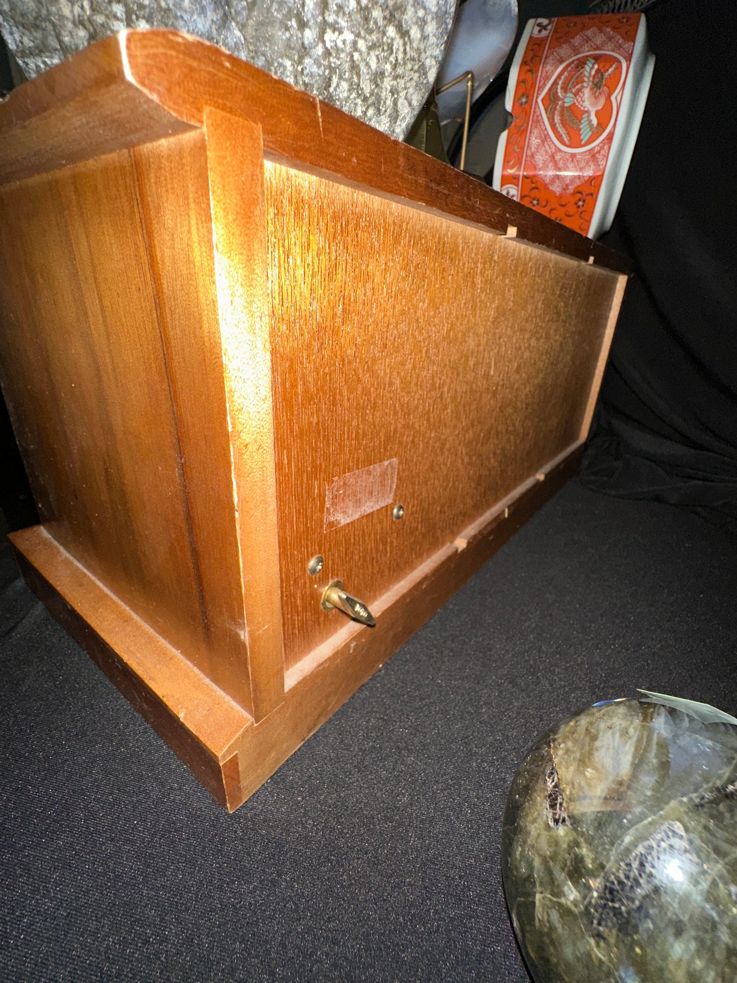 Vintage Wooden Jewelry and Music Box Red Interior made In Japan.