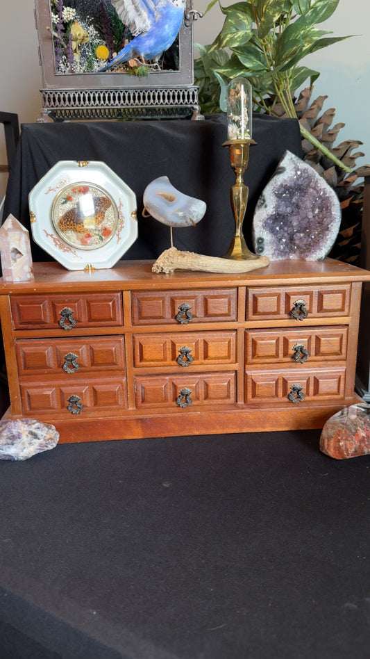 Vintage Wooden Jewelry and Music Box Red Interior made In Japan.