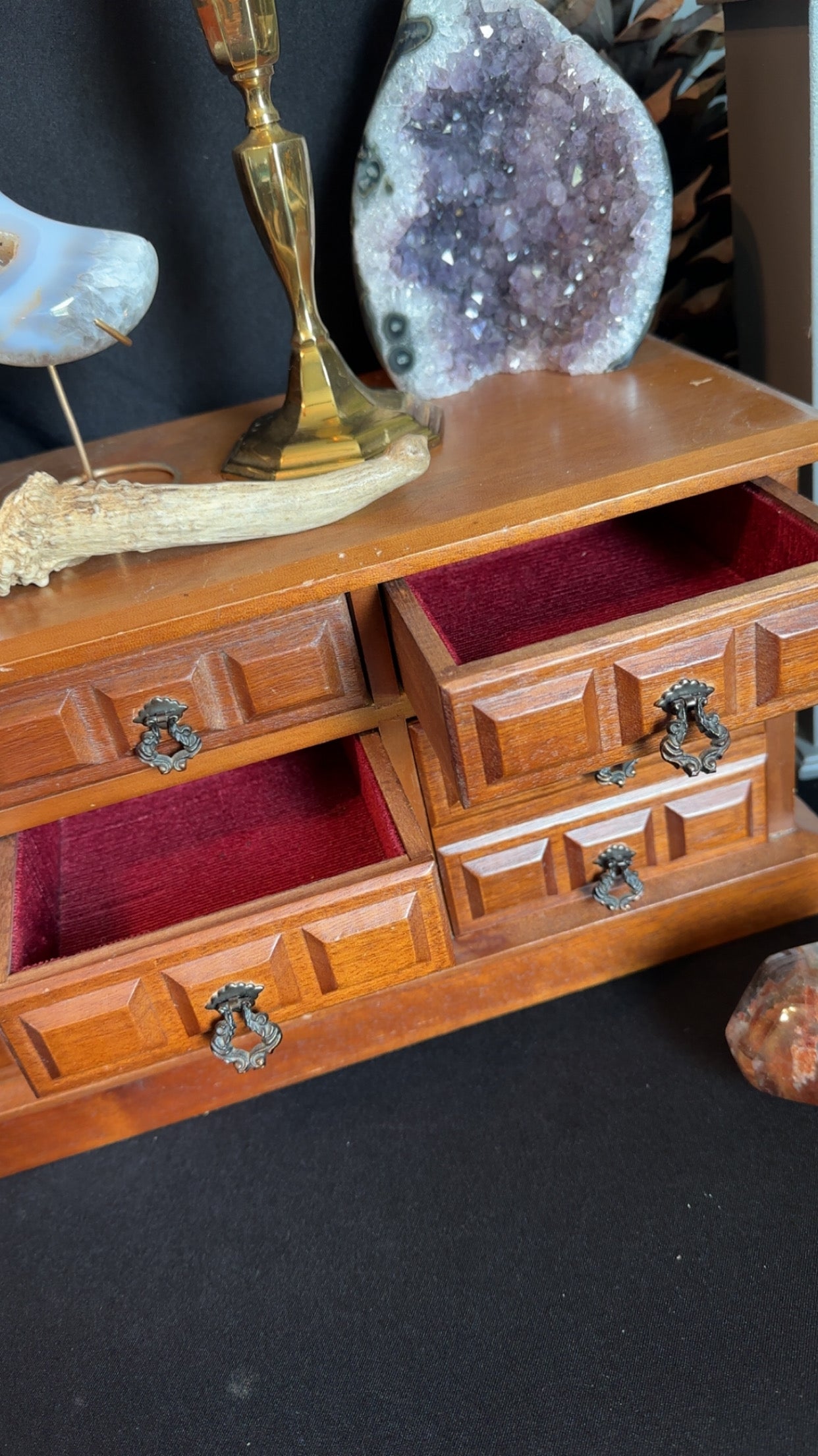 Vintage Wooden Jewelry and Music Box Red Interior made In Japan.