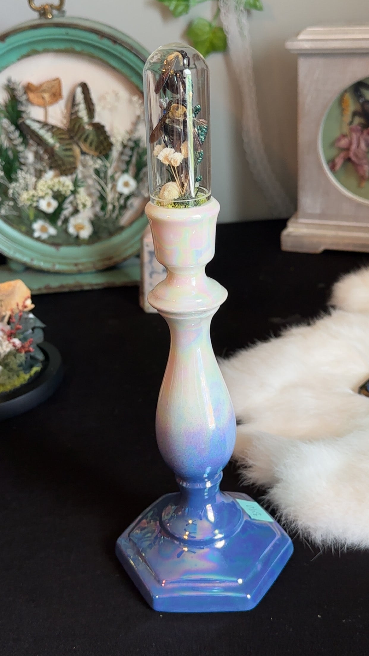 bees “oil spill” rainbow finish on candle stick.